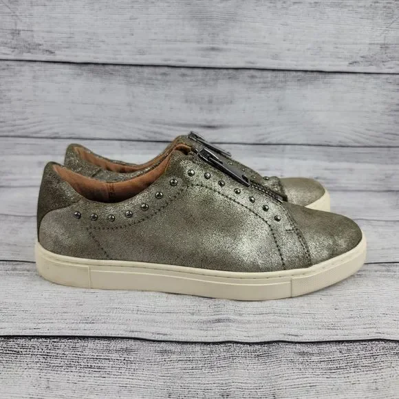 frye & co. Leather Zip Front Sneakers Victoria Moto Stud Metallic - Picture 8 of 10